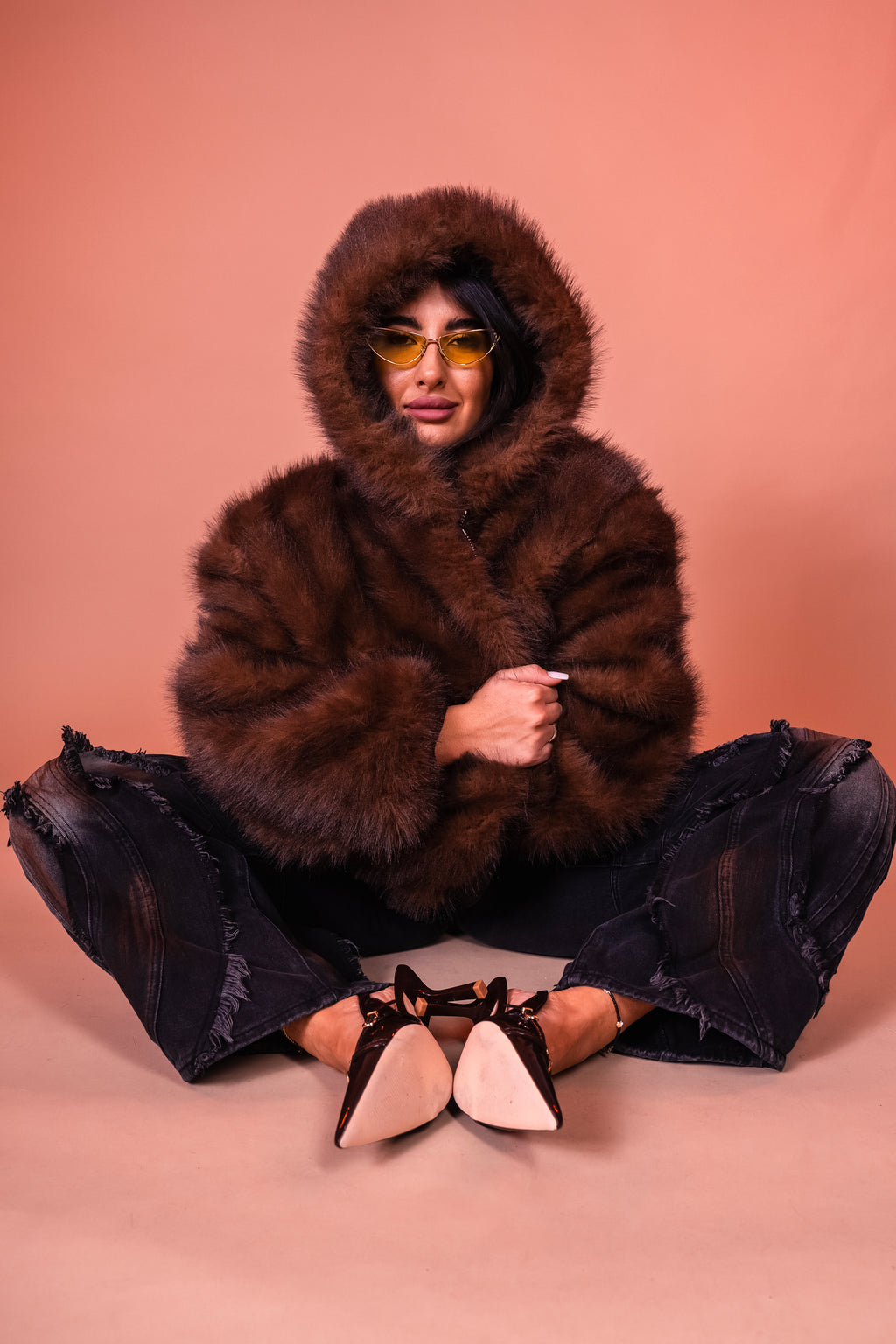 Eco pelliccia Alexandra con cappuccio marrone